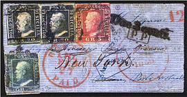 Sicilia - L'unica lettera censita dagli Stati Uniti dopo avere transitato da Marsiglia, le Havre e New York con un'affrancatura spettacolare a tre colori. Documento unico e di sicuro interesse (ex-collezione Rothschild). Sicilia - L'unica lettera censita dagli Stati Uniti dopo avere transitato da Marsiglia, le Havre e New York con un'affrancatura spettacolare a tre colori. Documento unico e di sicuro interesse (ex-collezione Rothschild).