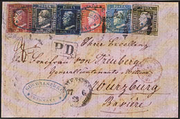 Sicilia- Un'affrancatura sontuosa per la Germania composta di sei francobolli sui sette emessi il cui rarissimo 50 grani, conosciuto in 7 copie solo su lettera per l'estero. Questo valore, per la sua destinazione e la sua affrancatura multicolore e cangiante, è unico. Sicilia- Un'affrancatura sontuosa per la Germania composta di sei francobolli sui sette emessi il cui rarissimo 50 grani, conosciuto in 7 copie solo su lettera per l'estero. Questo valore, per la sua destinazione e la sua affrancatura multicolore e cangiante, è unico.